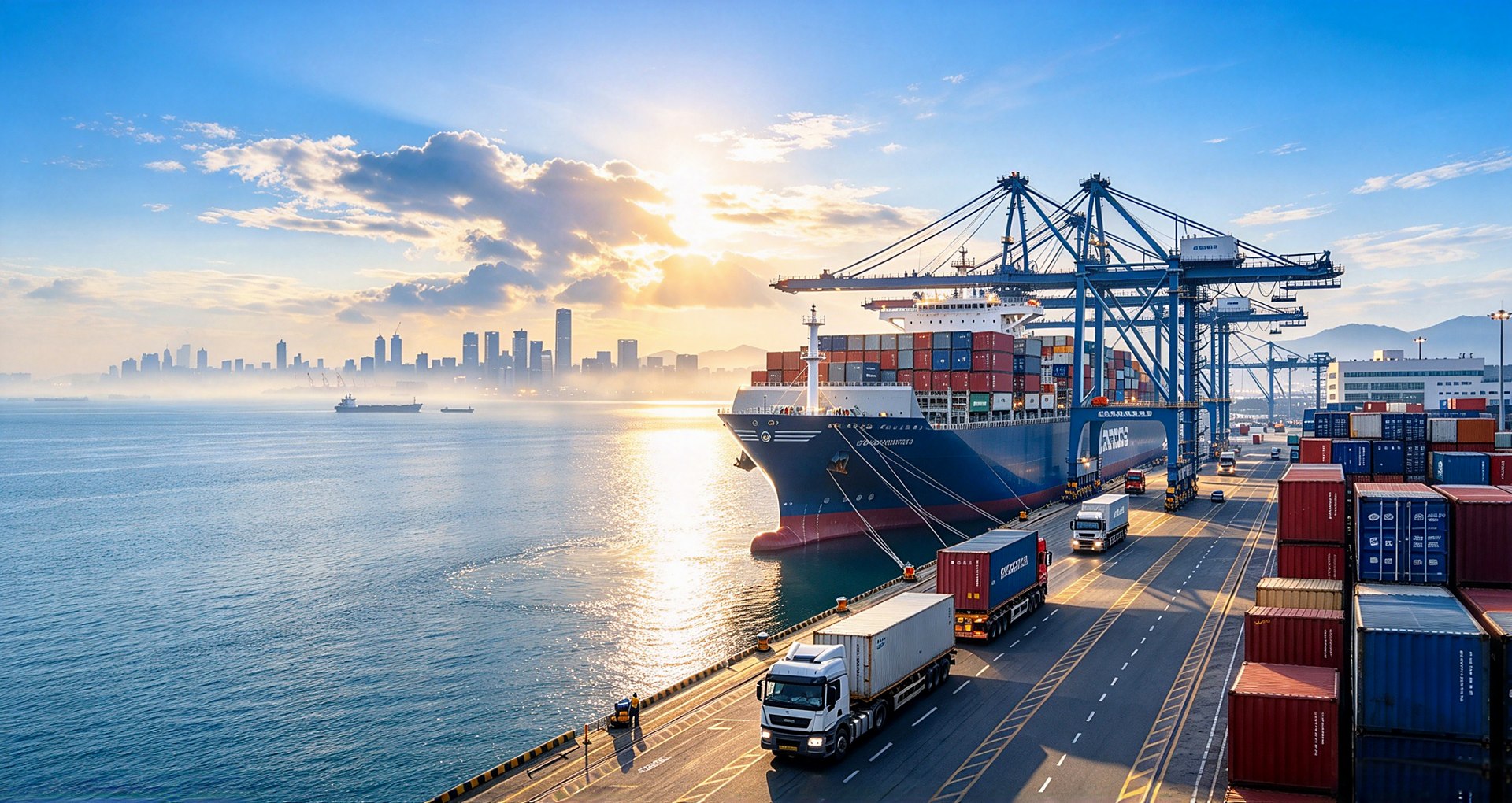 A container ship at berth in a Chinese port &mdash; gantry cranes, stacked export containers and trucks on the quay at sunrise