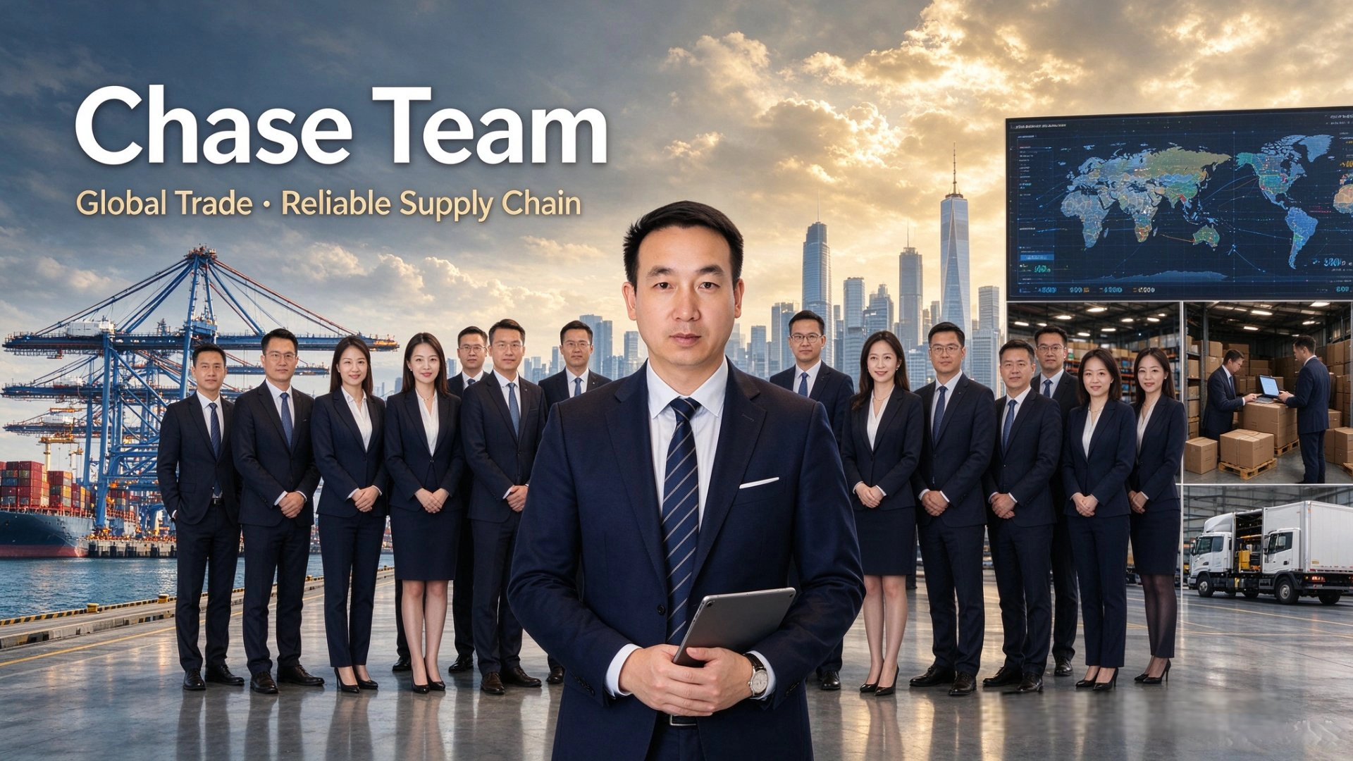 The Chase Team &mdash; sourcing, QC, logistics and compliance staff led by Chase, standing at a Chinese container port